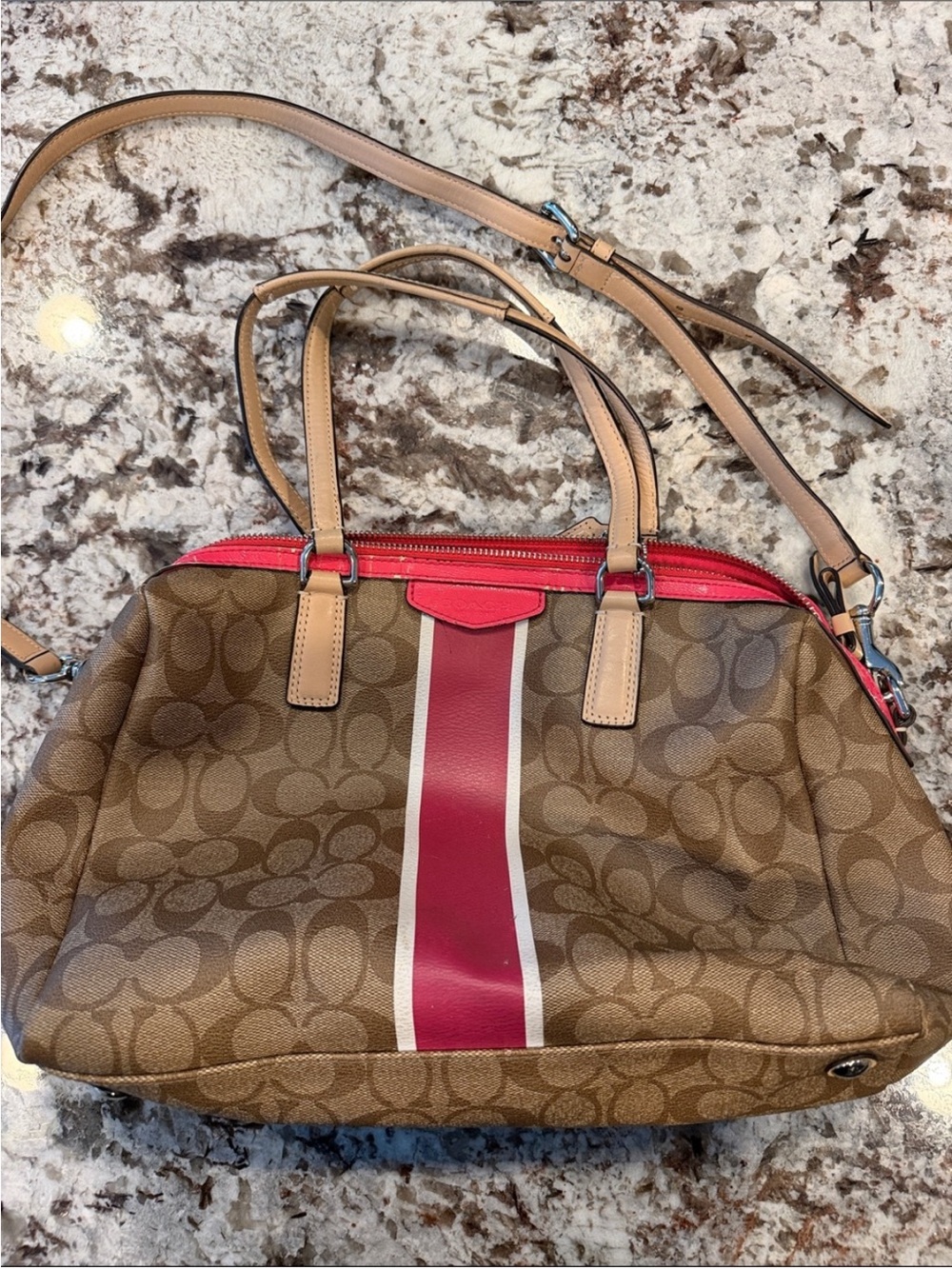 Fair condition Coach Brown Signature Canvas Satchel with Pink Stripe and Tan - Picture 10 of 15